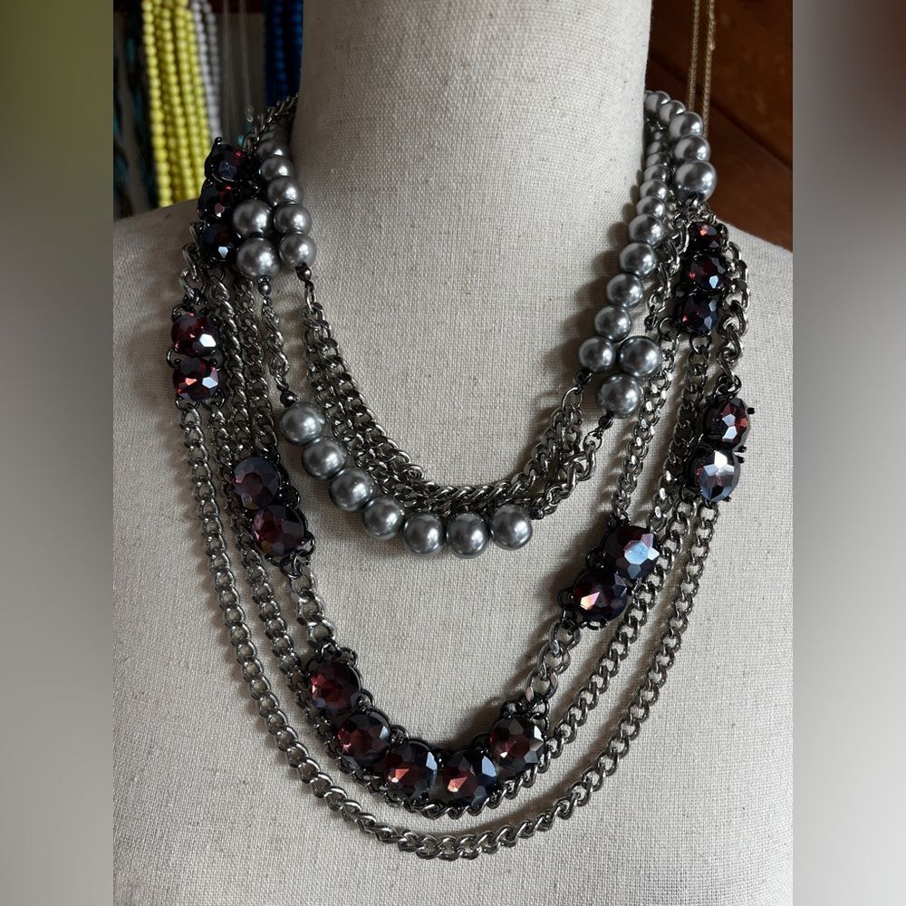 🌙 Midnight Floral Silver Faux Pearl Multilayered Rhinestone Necklace